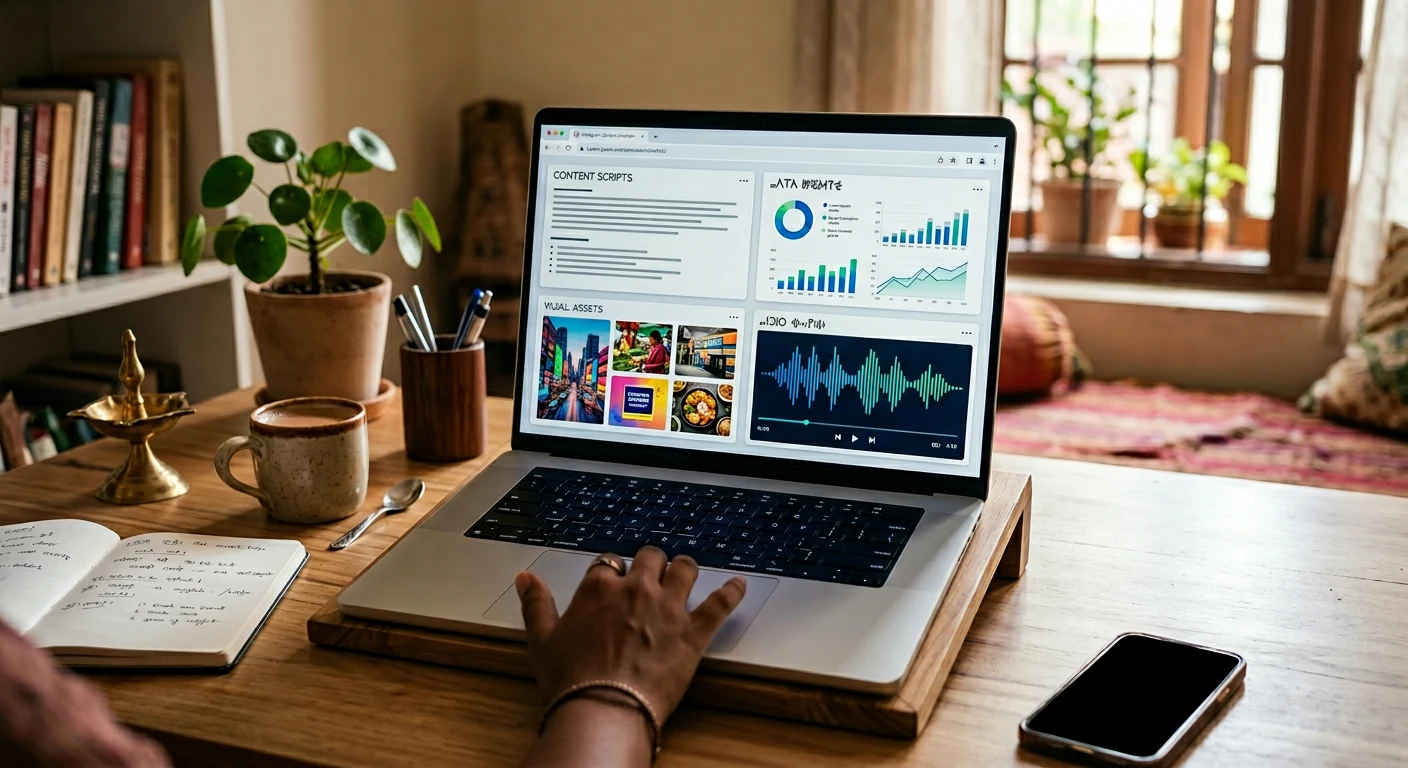 Laptop with AI-assisted content workflow for faceless Instagram creation