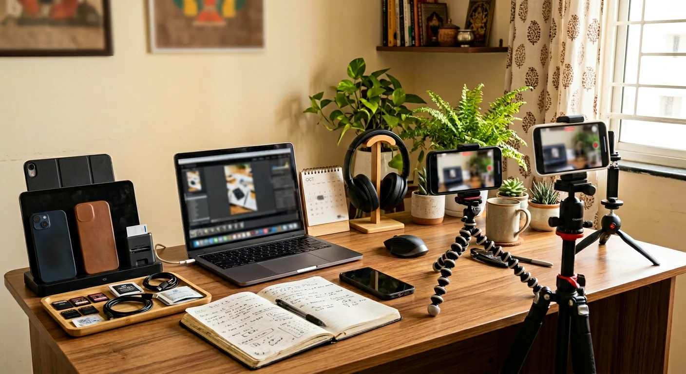 Batch content production setup for a faceless Instagram creator with phones, laptop and notebook