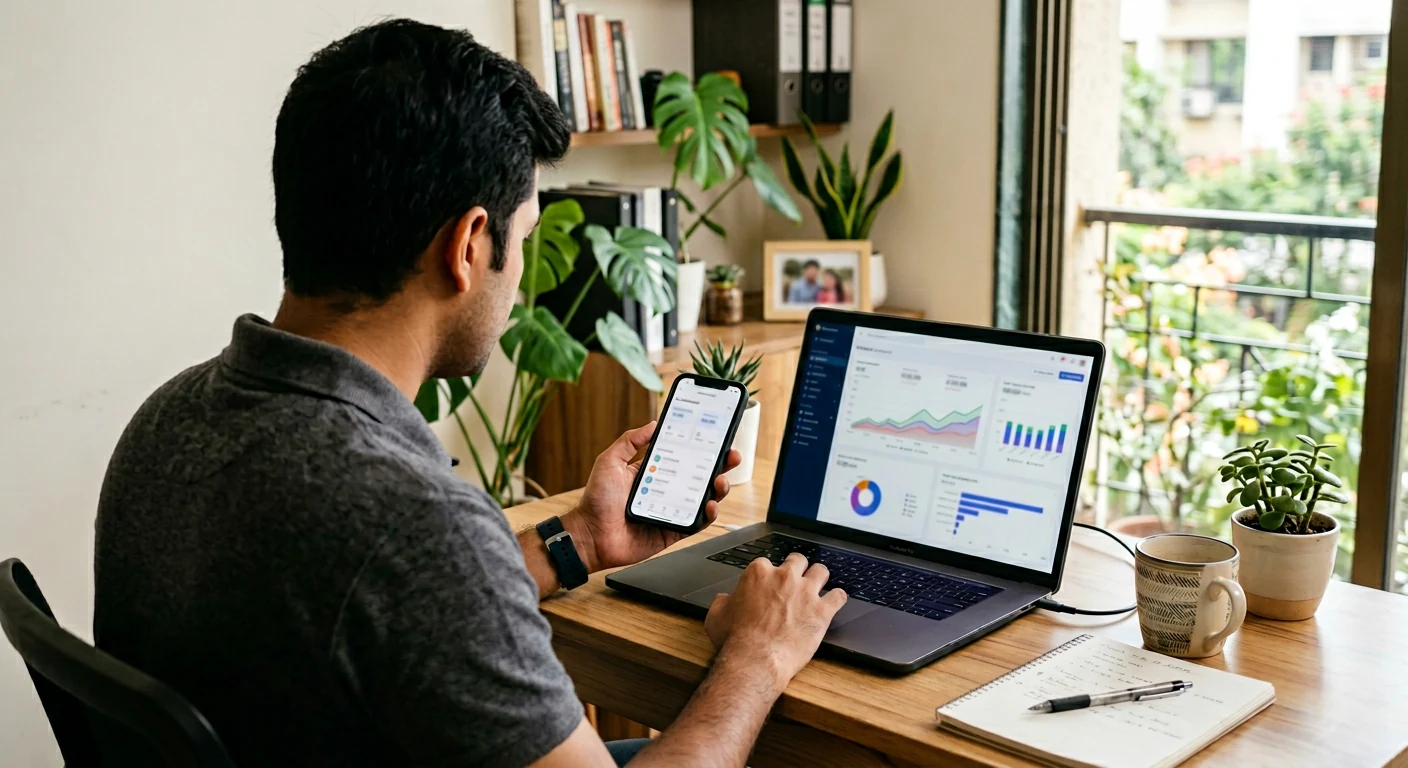 Faceless creator checking affiliate earnings and content performance on laptop