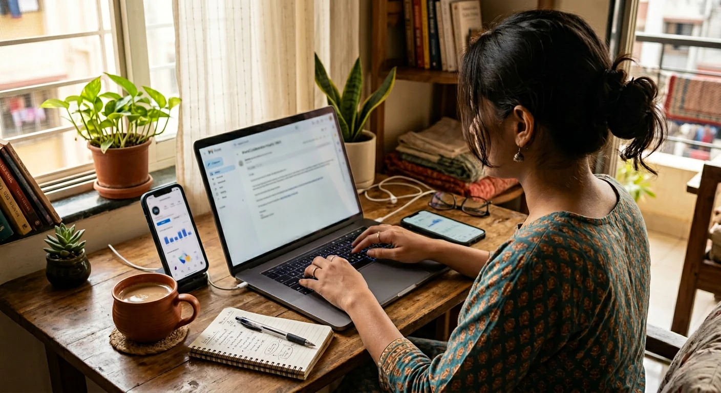 Faceless creator preparing a brand deal pitch on laptop at a desk