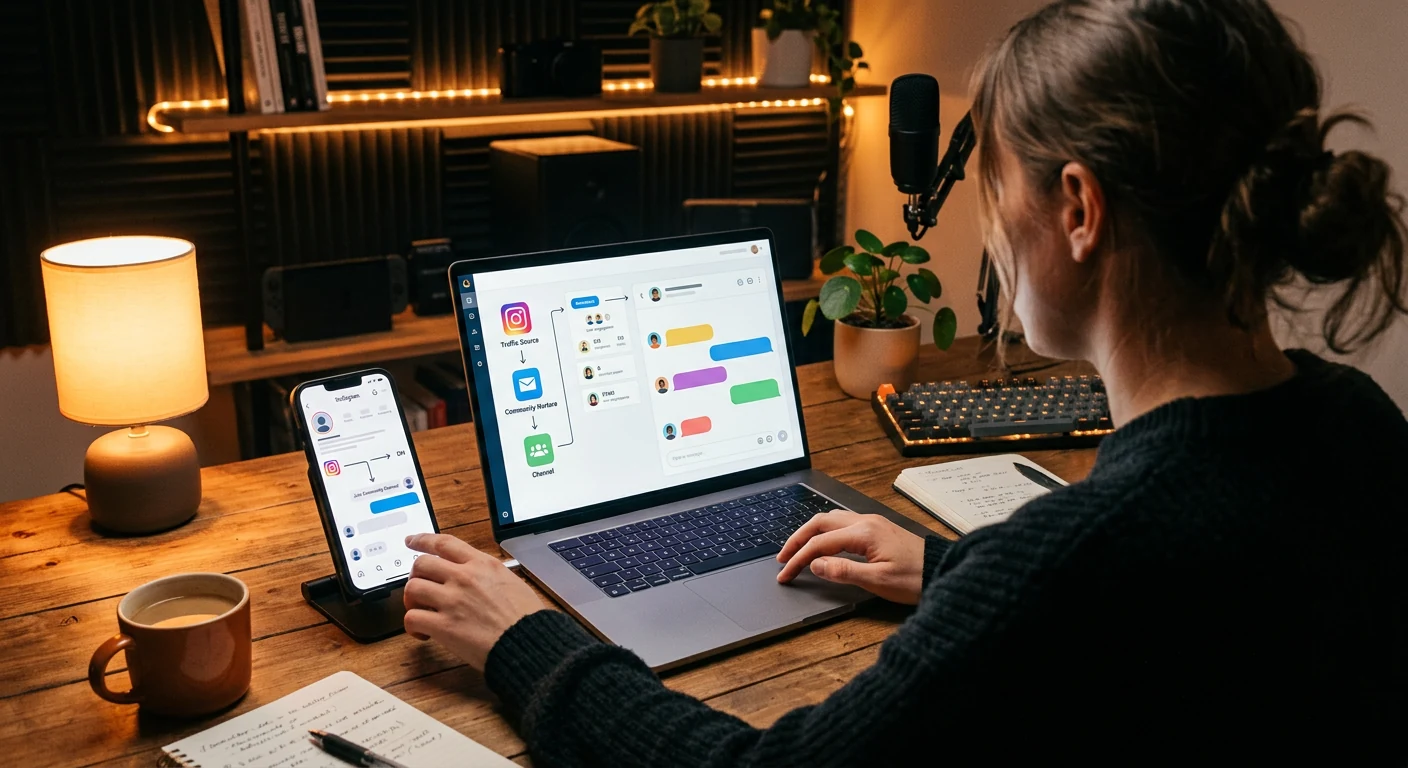Faceless Instagram to Telegram funnel workflow on phone and laptop