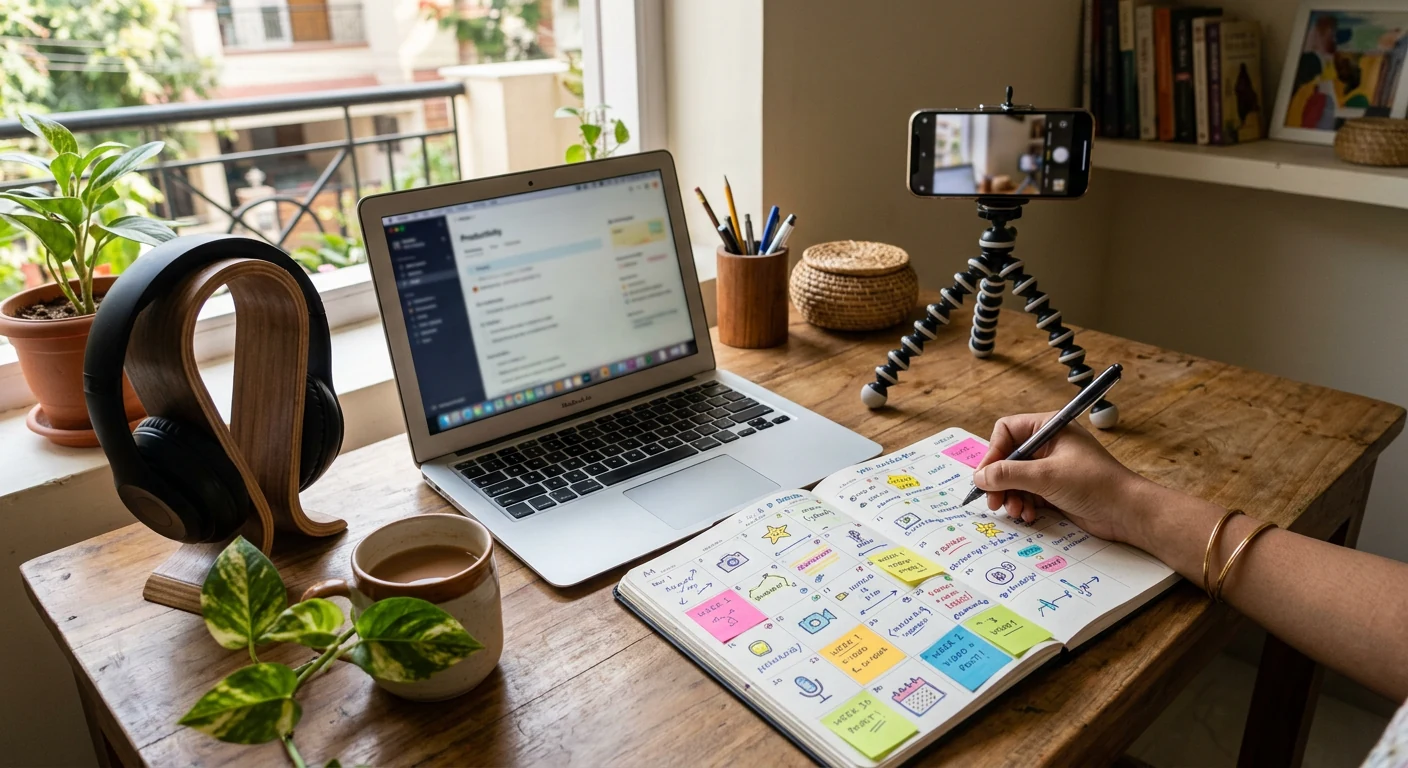 30-day planning desk for a faceless Instagram creator with roadmap notes and gear