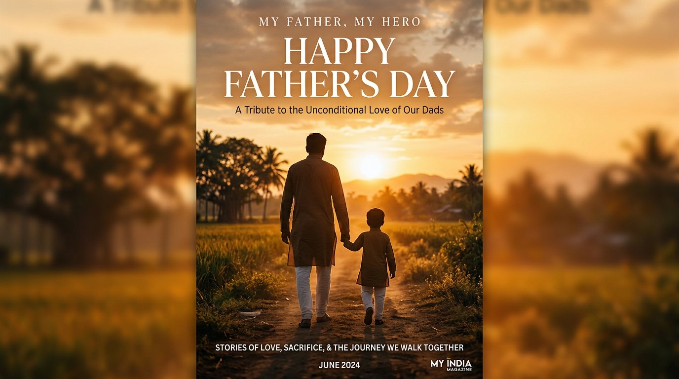 Father's Day captions Hindi 2026 hero — papa beta beti emotional walking sunset