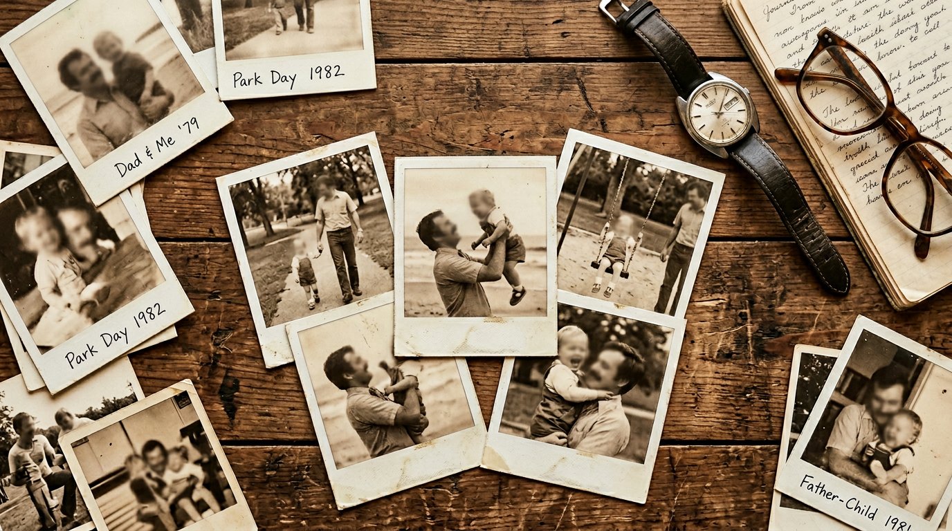 Father's Day memories vintage family photos album sepia tones nostalgic