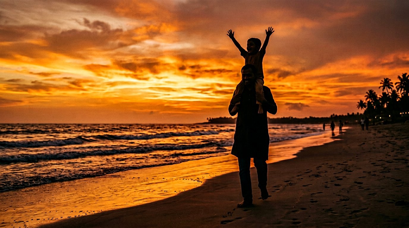 Father holding child on shoulders silhouette sunset hero papa beta beti