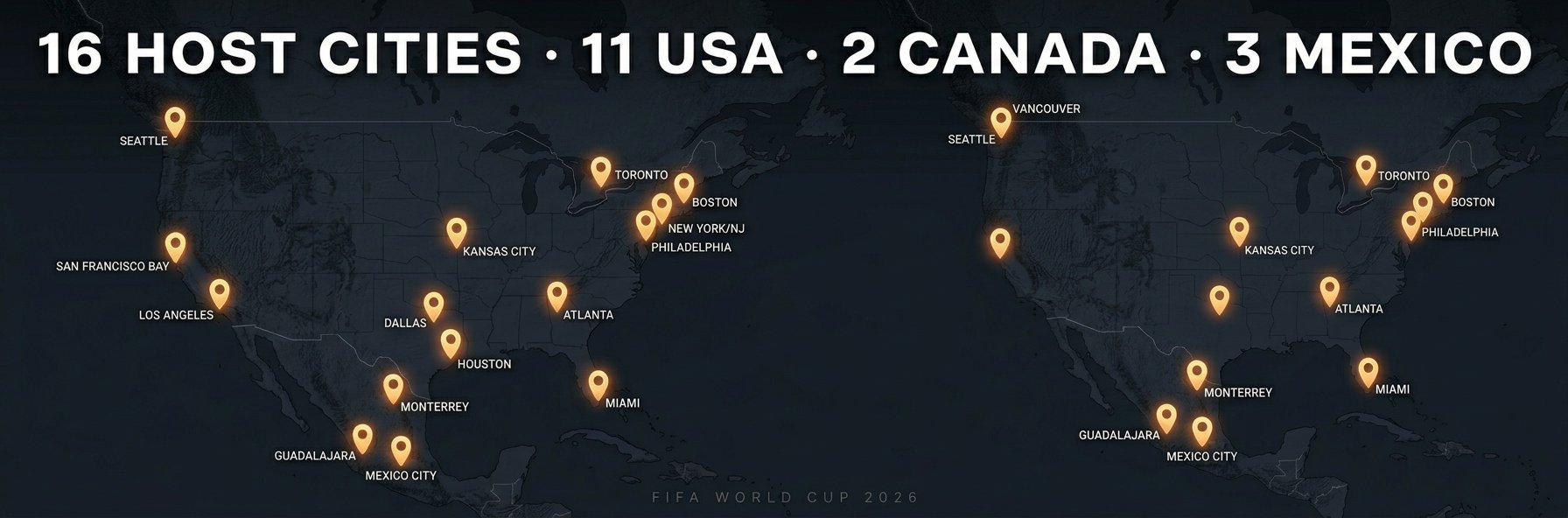 FIFA World Cup 2026 host cities map — USA Canada Mexico stadiums