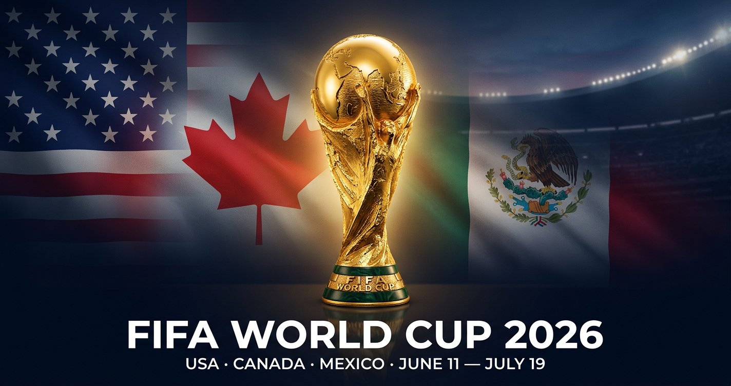 FIFA World Cup 2026 complete guide hero — trophy with USA Canada Mexico flags and stadium silhouette