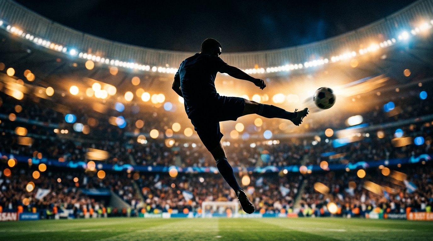 Football action shot stadium lights World Cup 2026 dramatic moment