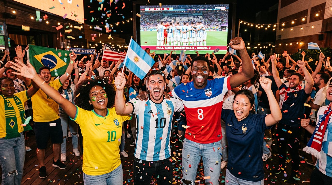 Football fans celebrating FIFA World Cup 2026 mixed jerseys diverse crowd