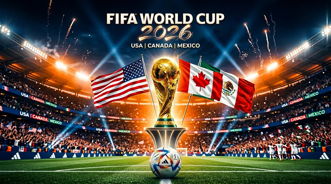 FIFA World Cup 2026 Instagram captions hero — golden trophy USA Canada Mexico flags stadium