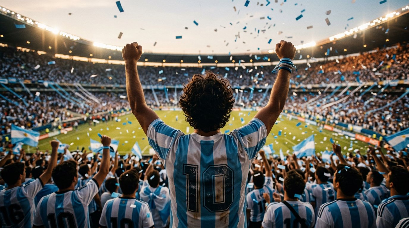 Argentina fan celebration blue white jersey number 10 World Cup 2026