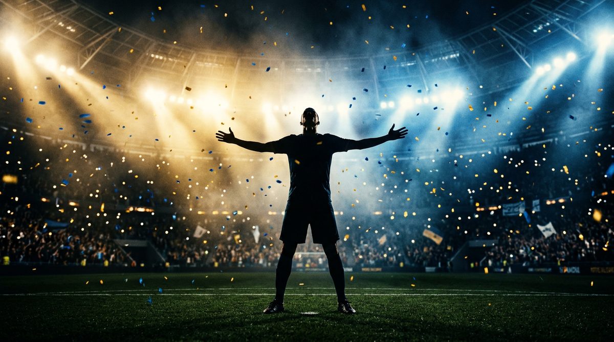 Football player silhouette celebrating a goal with arms spread under stadium floodlights