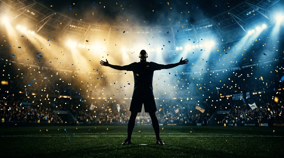 Football player silhouette celebrating a goal with arms spread under stadium floodlights