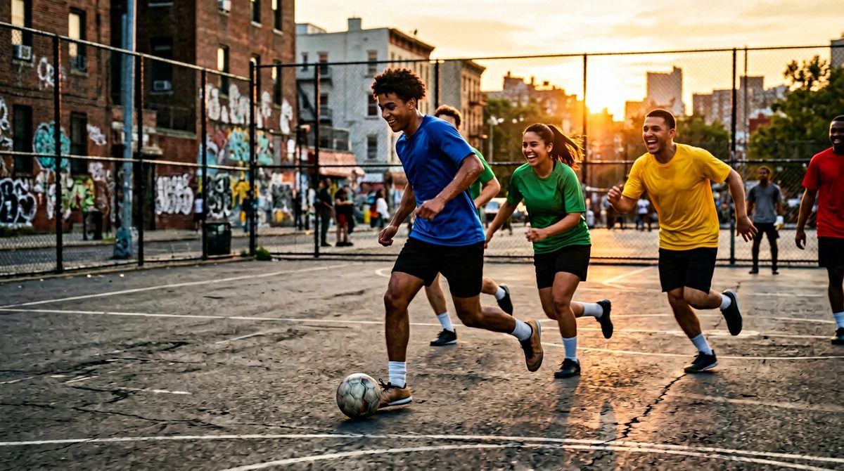 Friends playing street football at sunset with one player dribbling and others chasing