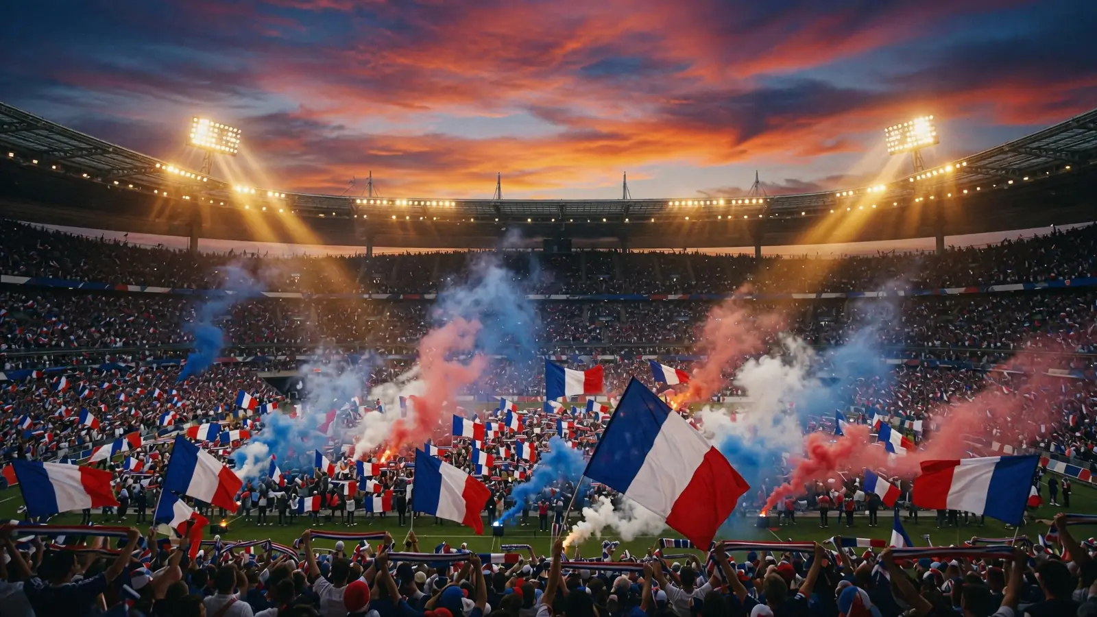 French national team fans packed in stadium waving tricolor flags with smoke flares and floodlights