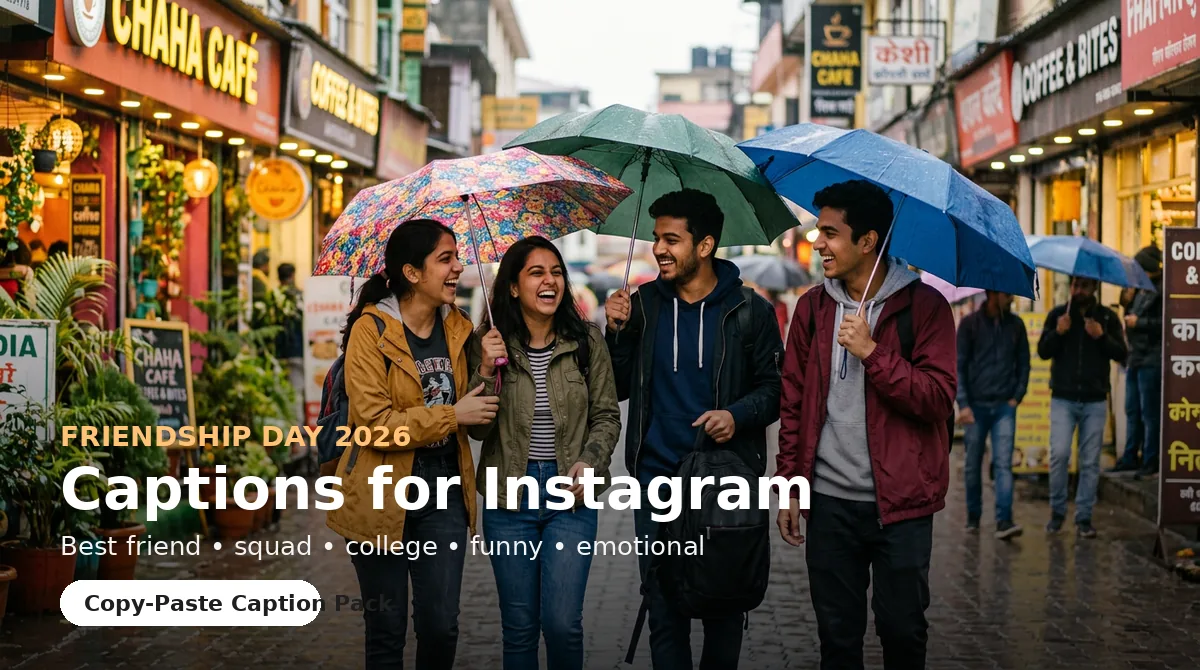 Indian college friends walking together in the rain for Friendship Day captions 2026