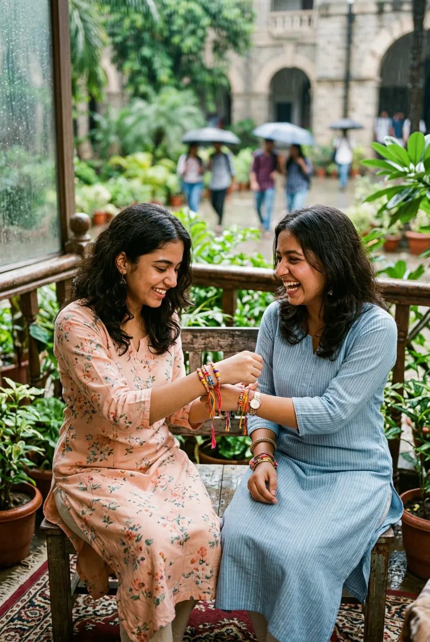 Cute Indian best friends tying friendship bands in monsoon setting for Friendship Day 2026