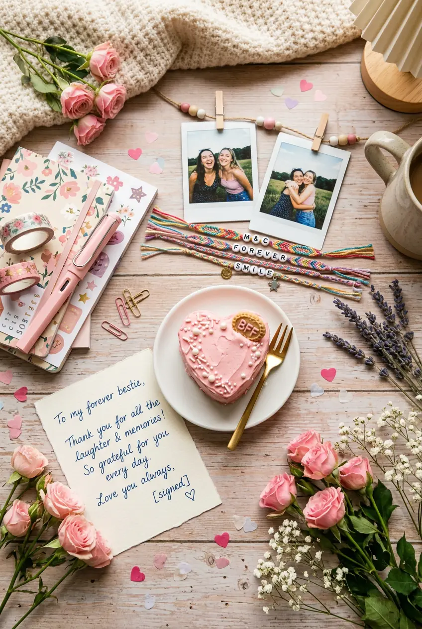 Cute pastel bestie flatlay with friendship bands and mini cake for Friendship Day 2026