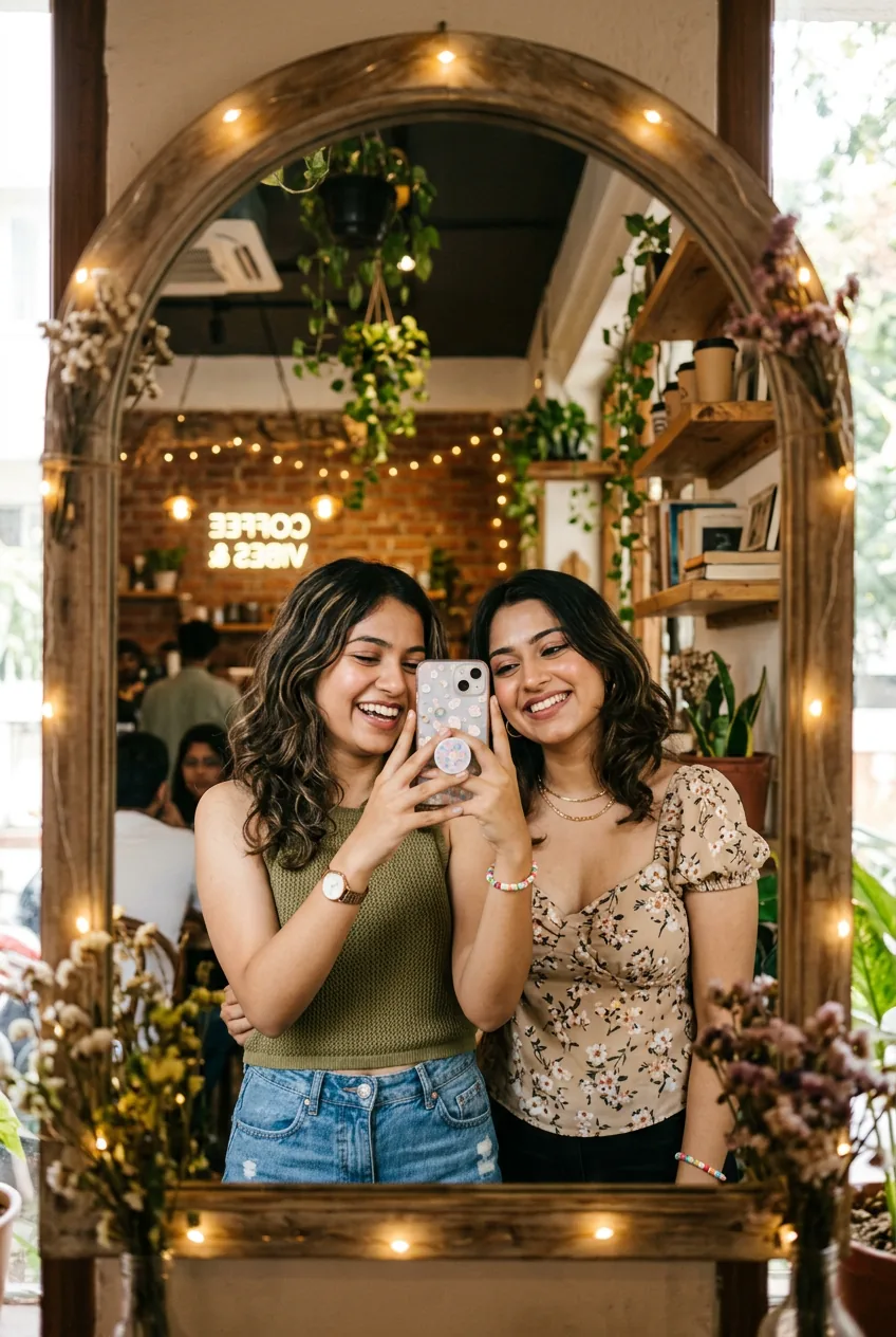 Cute best-friend mirror selfie in cafe for Friendship Day 2026
