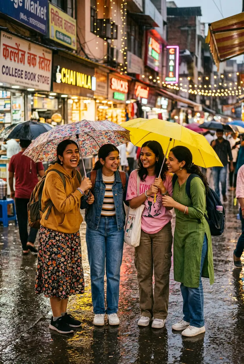 Cute rainy market squad photo for college friends captions and Friendship Day 2026