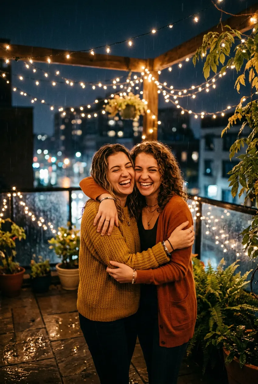 Cute emotional best-friend reunion photo with fairy lights for Friendship Day 2026