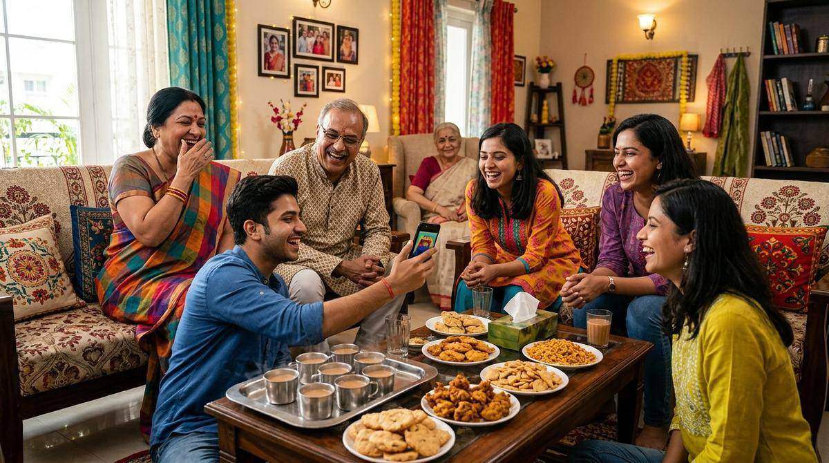 Desi Indian family laughing around snacks for funny Hindi Instagram captions
