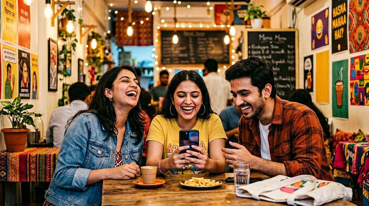 Young Indian friends laughing while reading funny Hindi Instagram captions