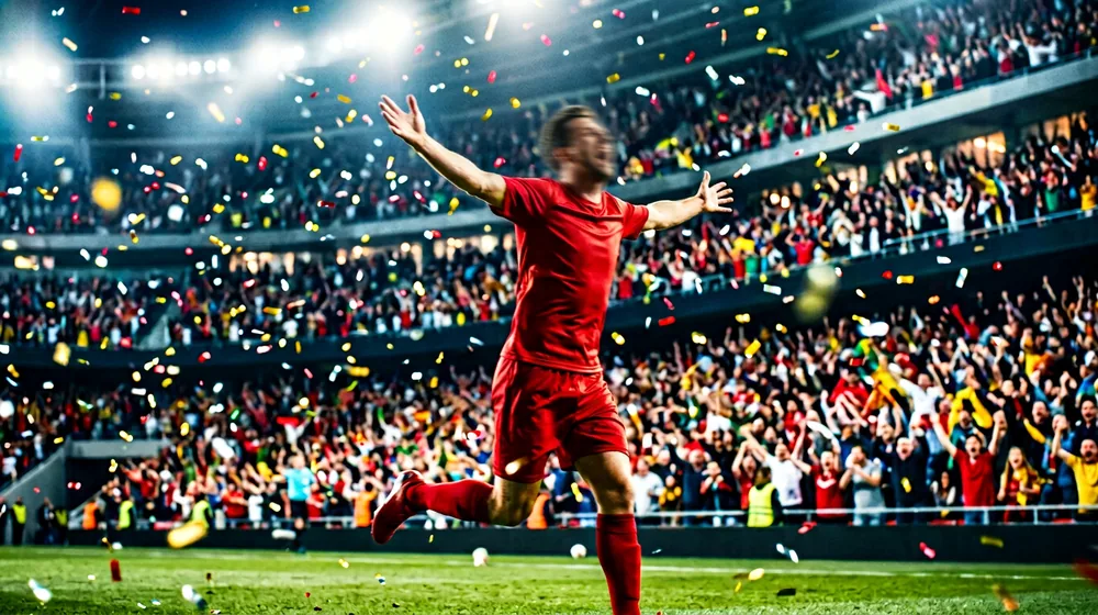 Footballer celebrating a goal in front of a roaring World Cup 2026 crowd