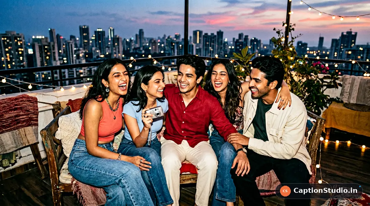 Indian friends laughing together on a rooftop for group photo captions 2026