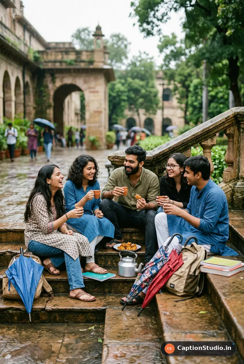 Indian college friends sharing chai on campus steps after monsoon rain