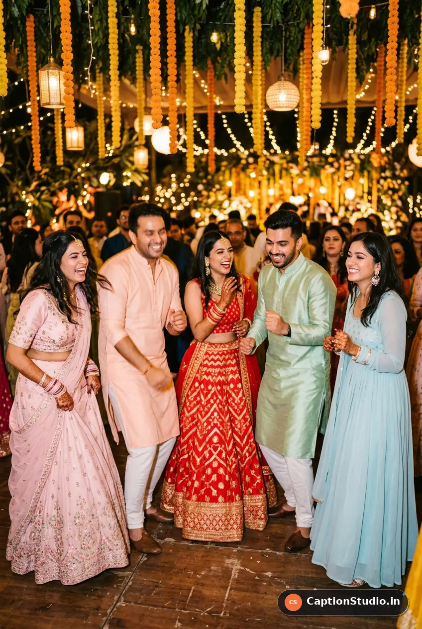 Young Indian cousins dancing together under marigold lights at a wedding