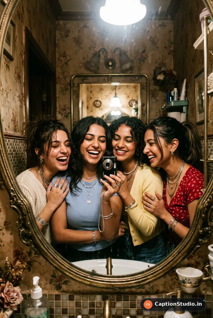 Young Indian best friends taking a playful mirror selfie with a digital camera