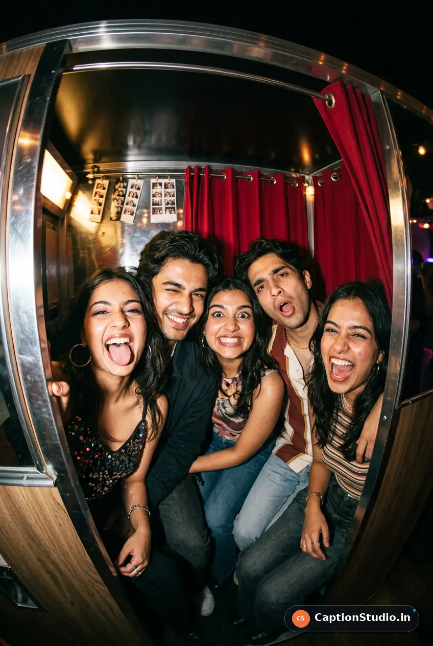 Young Indian friends making funny faces in a retro photo booth