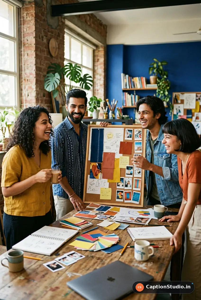 Young Indian creative studio team celebrating around a colorful moodboard