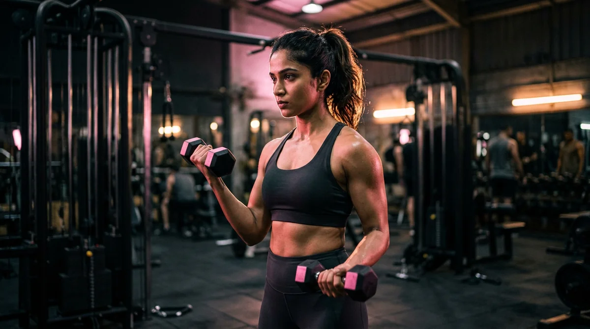 Indian gym girl confident dumbbell training — gym girl captions Hinglish for Instagram