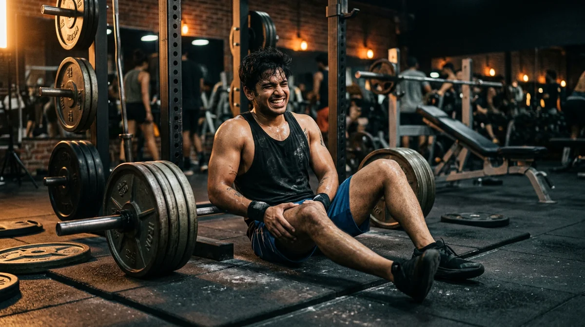 Indian gym creator struggling on leg day with weights — funny sore-day workout captions Hinglish