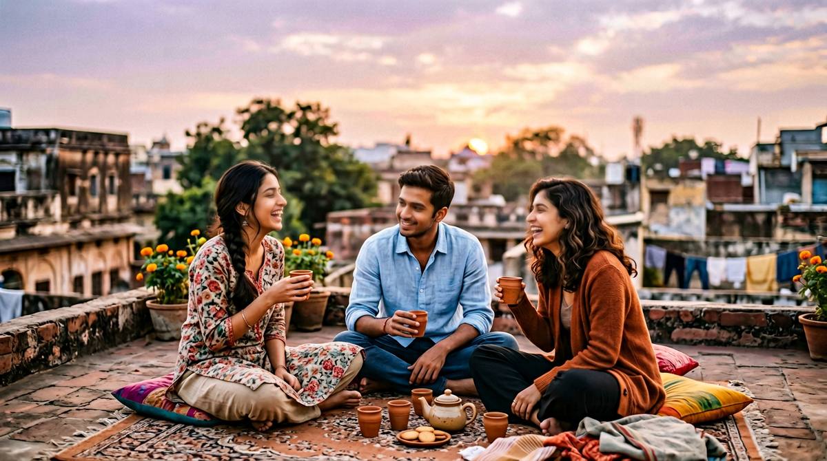 Young Indian friends laughing at a rooftop chai session at sunset with city skyline behind