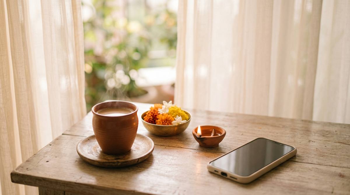 Indian hands holding smartphone with chai cup, marigold flowers, diya and fairy lights on wooden table