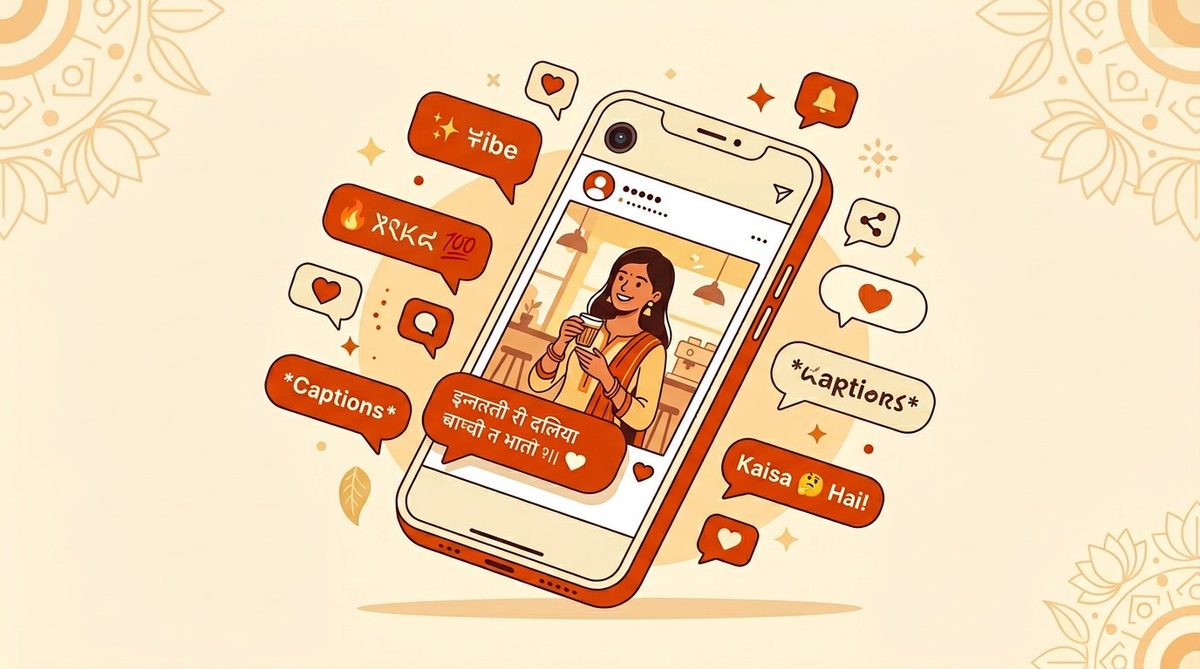 Hinglish Instagram captions 2026 — desi creator with chai and Hinglish chat bubbles