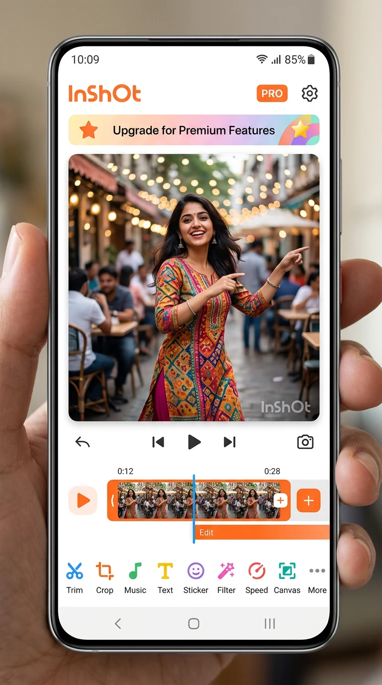 InShot app interface India 2026 - beginner friendly mobile video editor