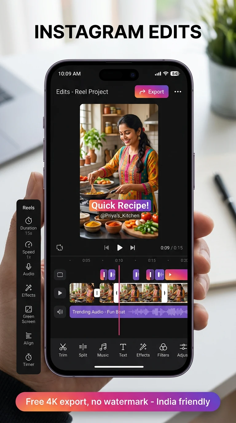 Instagram Edits app interface India 2026 - Meta official Reels editor free no watermark
