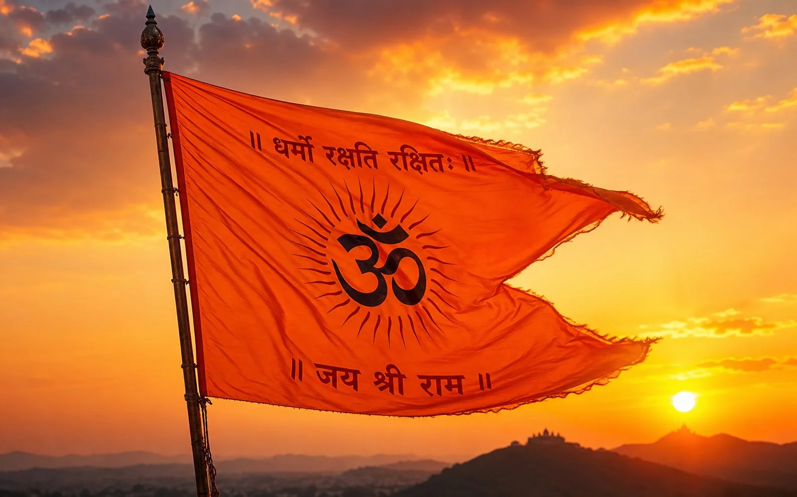 Saffron Sanatan Dharma Slogan Flag Golden Sunset Wallpaper