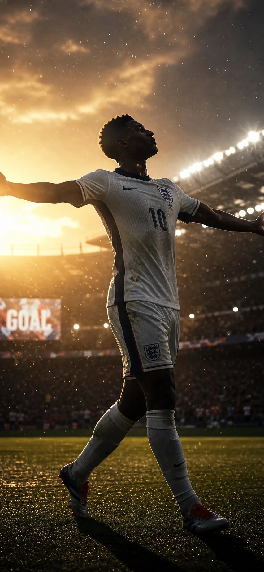 Cinematic Jude Bellingham silhouette signature open arms celebration pose in white England jersey rain bokeh