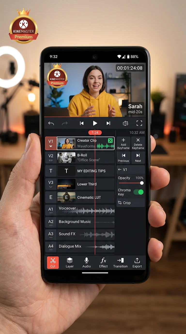 KineMaster Premium mobile video editor interface India 2026 - 9 track multi-layer timeline