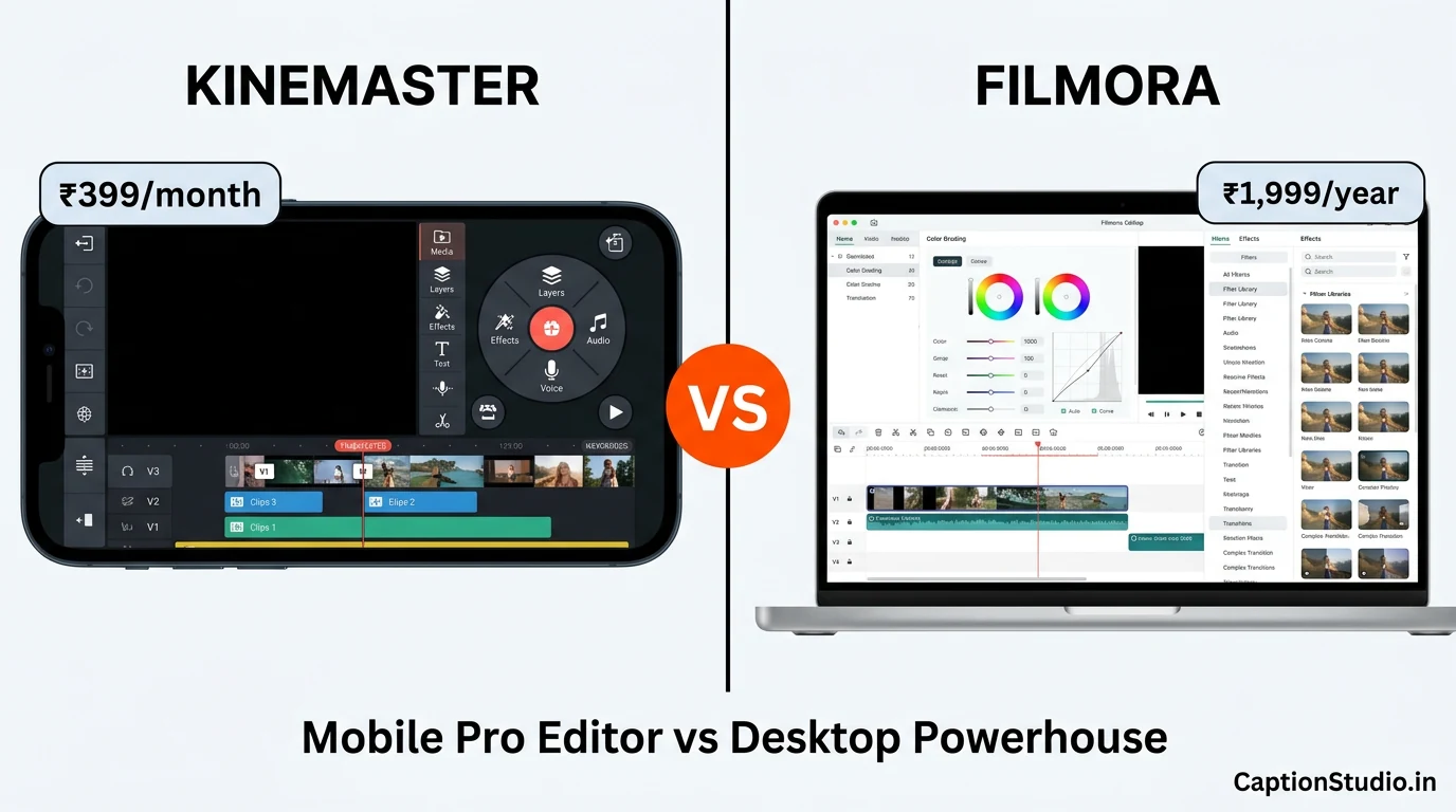 KineMaster vs Filmora comparison India 2026 - mobile pro vs desktop powerhouse video editor