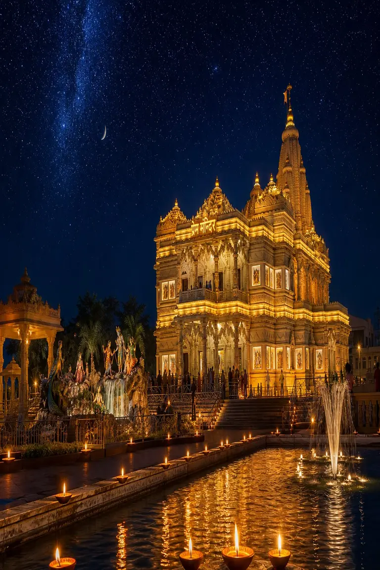 Majestic Night View Illuminated Prem Mandir Temple Architecture Vrindavan Glowing Diyas