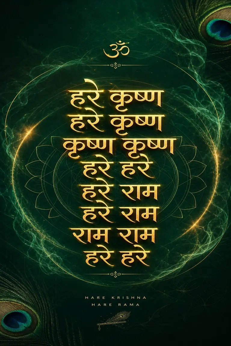 Glowing Golden Sanskrit Calligraphy Hare Krishna Mantra Emerald Green Graphic