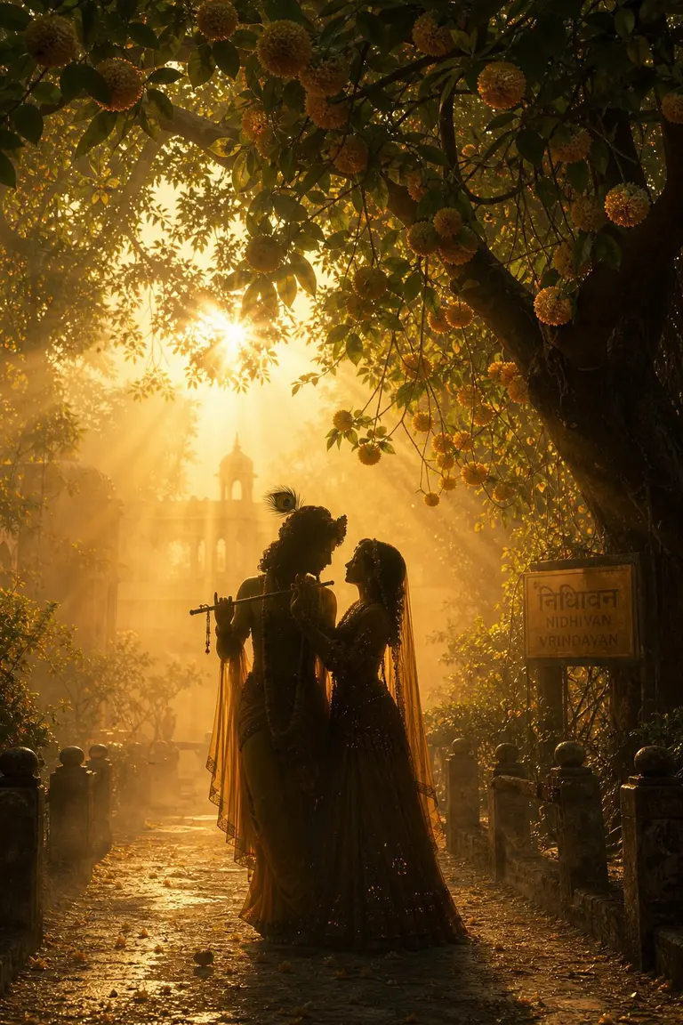 Radha Krishna Under Blossoming Kadamba Tree Nidhivan Vrindavan Misty Sunrise Pin