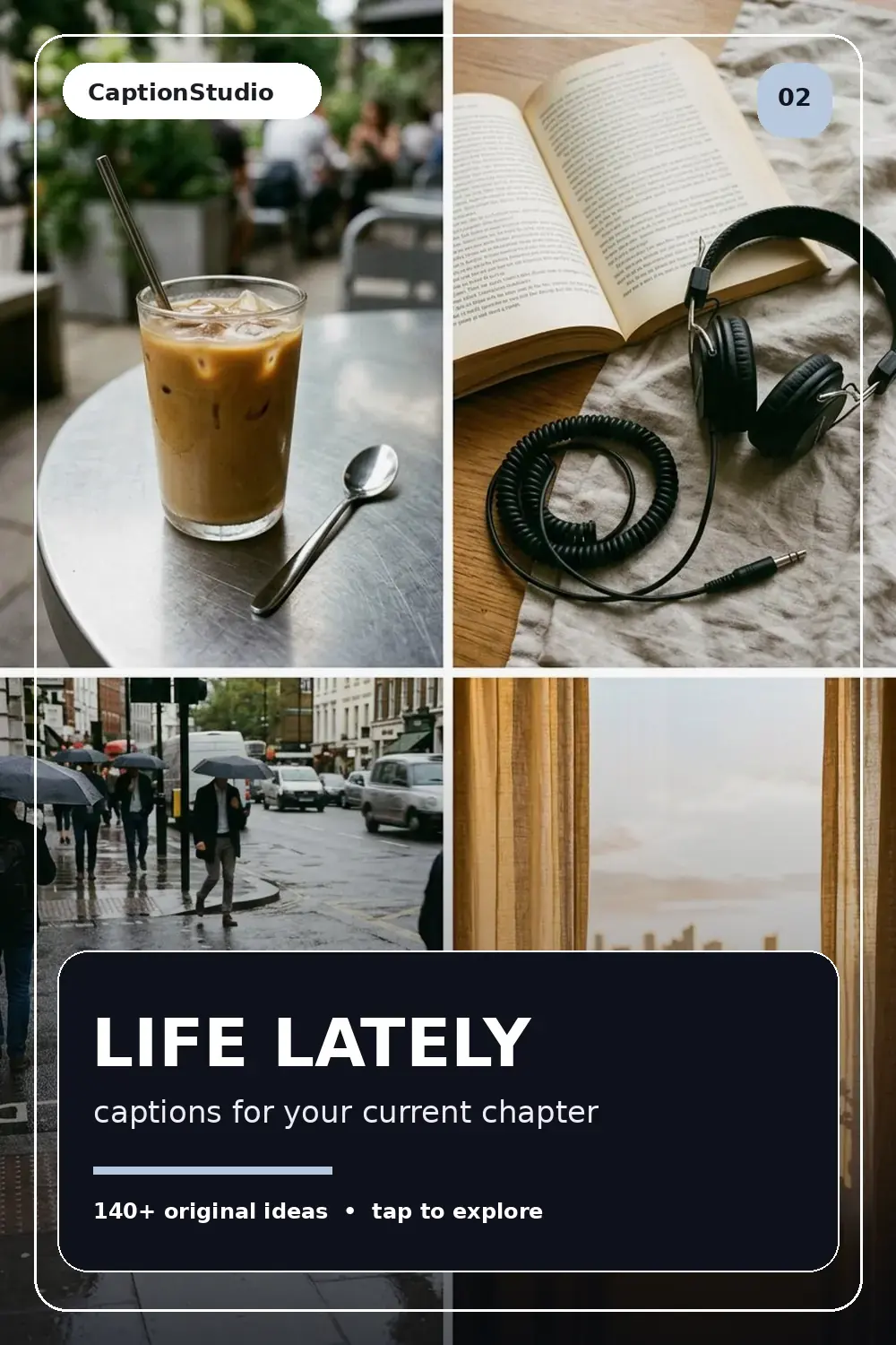 Modern life lately collage with coffee, books, city rain and sunset