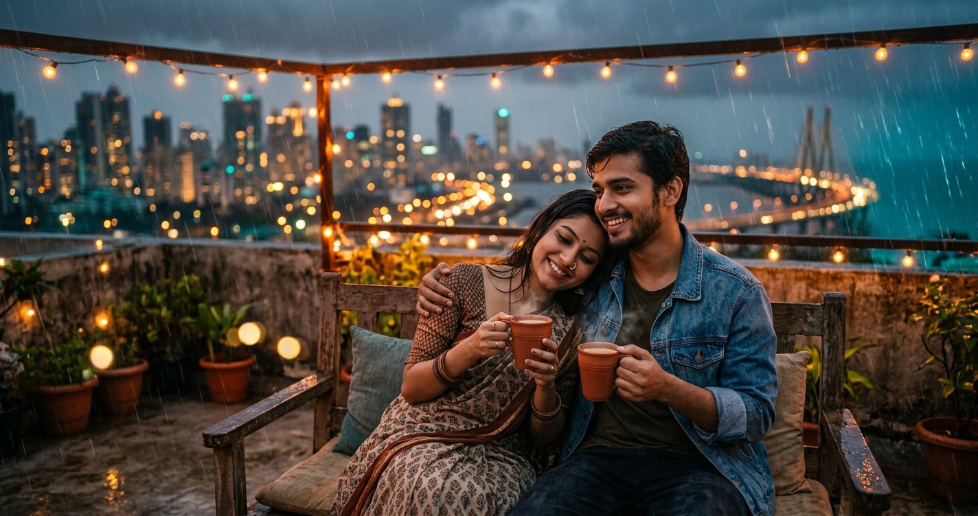 Indian couple sitting on rooftop during monsoon rain with kulhad chai fairy lights Mumbai skyline — love captions Hinglish 2026